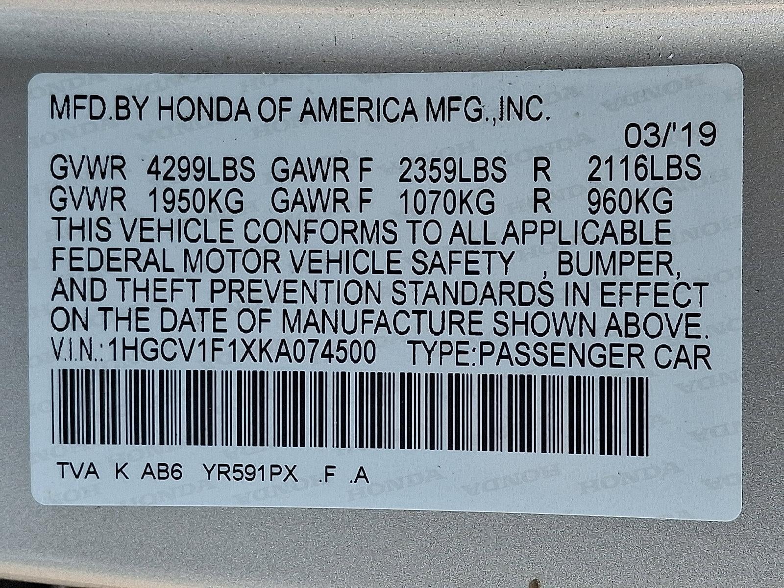 2019 Honda Accord Sedan LX 1.5T CVT
