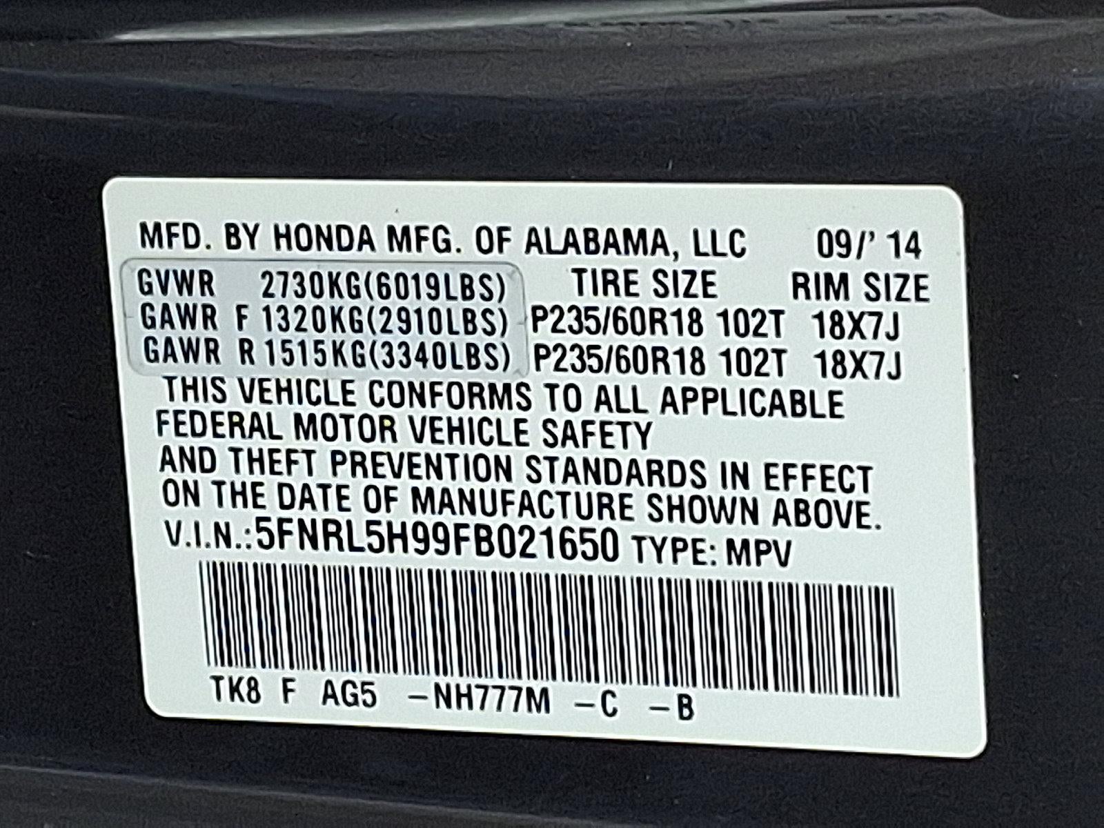 2015 Honda Odyssey Touring with DVD Rear Entertainment System and Navigation